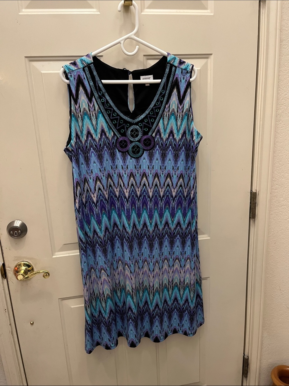 Avenue Embroidered V-Neck Shift Dress in Black, Teal & Purple